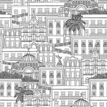 Hand drawn seamless pattern of Mexico, with Mexican houses and the Palacio de Bellas Artes