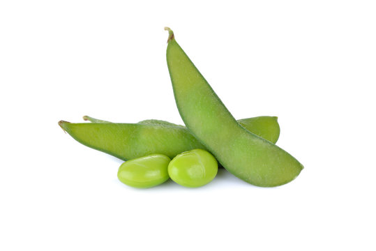 boiled Japanese green soybeans (Edamame-Japanese text) on white background