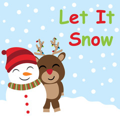 Cute deer and snowman vector cartoon on snow fall background, Xmas postcard, greeting card and wallpaper, vector illustration