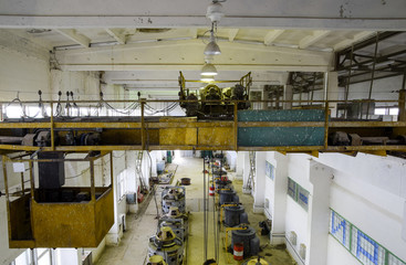 Freight lift in the pumping station. Frame, drive and elevator c