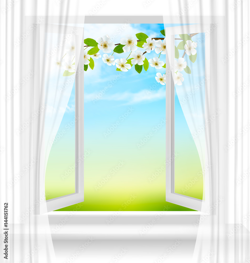Aufkleber Nature background with open window and spring blossom of cherry. Vector