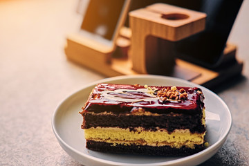 Delicious chocolate sweet cake on a plate.