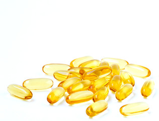 Fish oil, omega 3 and vitamin D capsules.