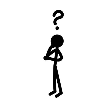 Stick figure in thinking posture. Stick man thinking about a solution to a question. Vector illustration isolated on white