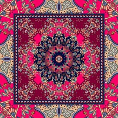 Detailed floral shawl design. Flower mandala and ornamental frame. Cushion. Napkin. Carpet.