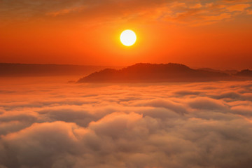 Mountain Mist in sunrise,mist on sunrise,mist over mountain during sunrise