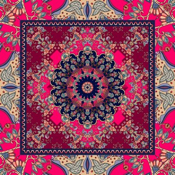 Detailed floral shawl design. Flower mandala and ornamental frame. Cushion. Napkin. Carpet.