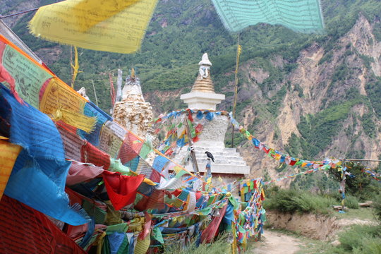 Amdo Kham Tibet Tibetan Buddhist Chorton Religious Structure Structures White Religion Buddha Buddhism China Sichuan Plateau Prayer Flag Flags Blue Sky White Cloud Clouds