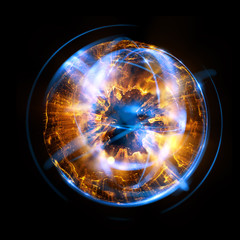 3D Atom icon. Luminous nuclear model on dark background. Glowing energy balls. Molecule structure. Trace atoms and electrons..Physics concept. Microscopic forms. Nuclear reaction element. Supernova