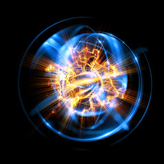 3D Atom icon. Luminous nuclear model on dark background. Glowing energy balls. Molecule structure. Trace atoms and electrons..Physics concept. Microscopic forms. Nuclear reaction element. Supernova