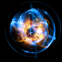 3D Atom icon. Luminous nuclear model on dark background. Glowing energy balls. Molecule structure. Trace atoms and electrons..Physics concept. Microscopic forms. Nuclear reaction element. Supernova
