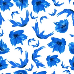 Deurstickers Vlinders Watercolor seamless vintage pattern of drawings of blue poppy flower, roses, leaves, floral pattern. Fashionable design