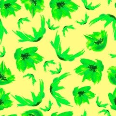 Watercolor seamless vintage pattern of drawings of green poppy flower, roses, leaves, floral pattern. Fashionable design.On a bright, yellow background