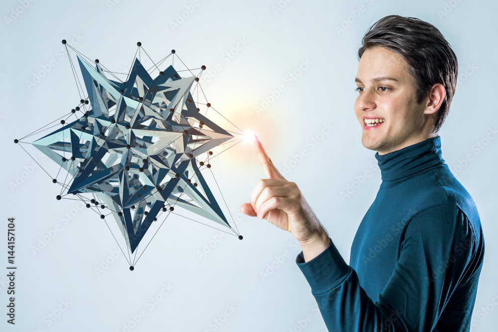 Poster young man pointing at technological 3D rendering object. mixed media.