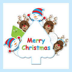 Cute deer, snowman and Xmas tree vector cartoon on tree frame for Xmas postcard, wallpaper, and greeting card, vector illustration