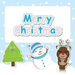 Cute deer, snowman and Xmas tree vector cartoon for Xmas postcard, wallpaper, and greeting card, vector illustration