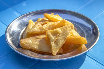 Fried tofu in stainless dish