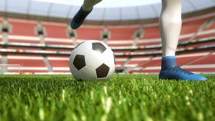 detail soccer player kicking ball on field 3d illustration