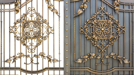 Fragment of baroque metal gate , gold leaf, manual work of blacksmith.