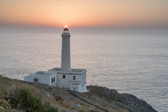 Otranto, province of Lecce, Salento, Apulia, Italy. Sunrise at the lighthouse Faro della Palasc&Atilde;&not;a. This lighthouse marks the most easterly point of the Italian mainland.