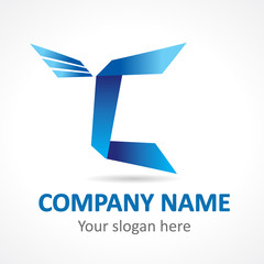 C vector logo. Paper letter C symbol with wings flies. Business corporate, financial company or media news branding sign. Fly of character C.