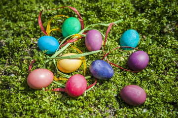 Fototapeta na wymiar Colorful Easter eggs with ribbons on green grass background