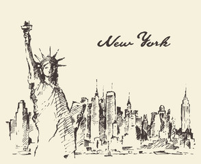 New York city with Statue of Liberty vector sketch