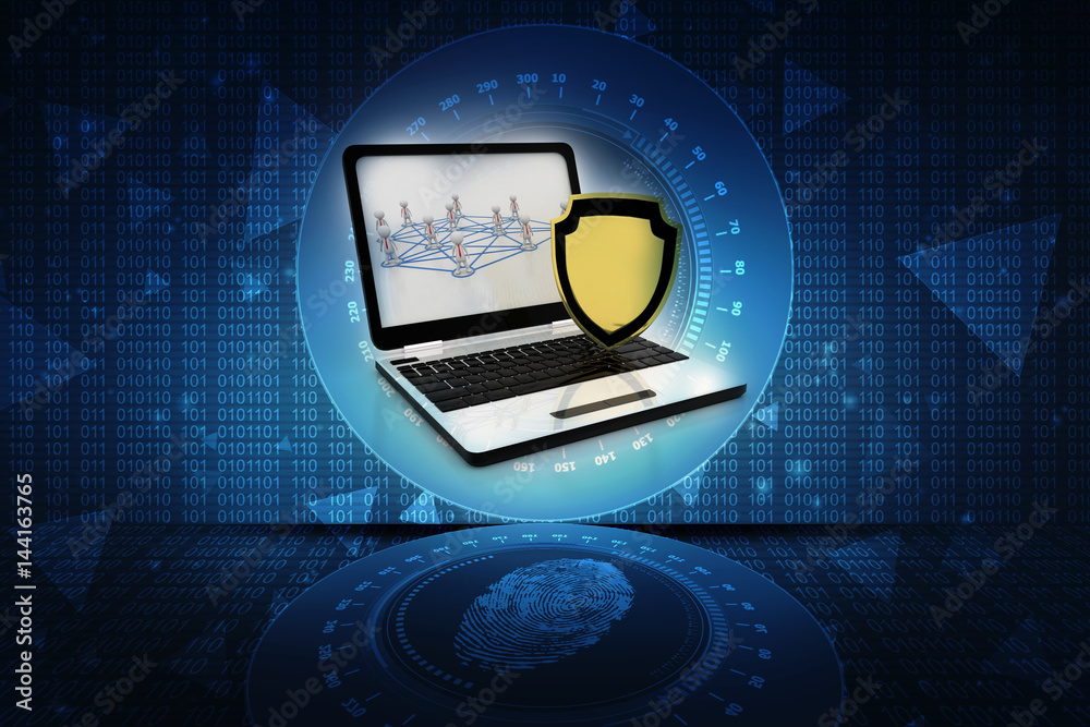 Poster laptop with shield. isolated 3d rendering image