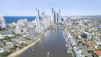 Aerial view of Surfers Paradise skyline and Chevron Island waterfront properties
