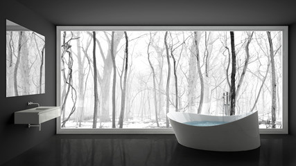 Minimalist white and gray bathroom with big panoramic window, winter wood in the background