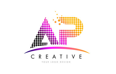 AP A P Letter Logo Design with Magenta Dots and Swoosh