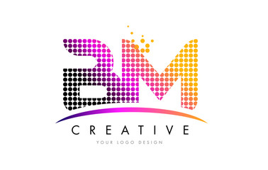 BM B M Letter Logo Design with Magenta Dots and Swoosh
