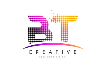 BT B T Letter Logo Design with Magenta Dots and Swoosh