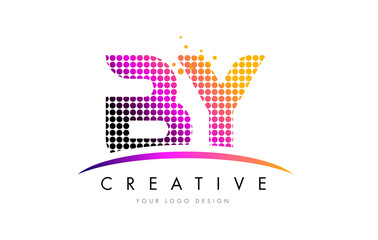 BY B Y Letter Logo Design with Magenta Dots and Swoosh