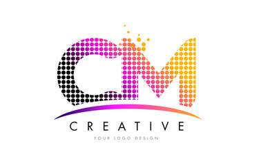 CM C M Letter Logo Design with Magenta Dots and Swoosh