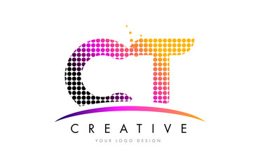 CT C T Letter Logo Design with Magenta Dots and Swoosh