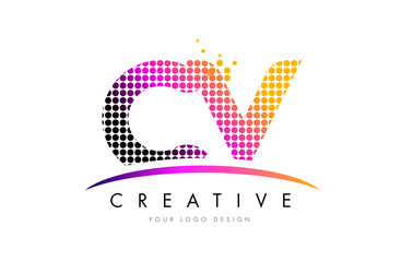 CV C V Letter Logo Design with Magenta Dots and Swoosh