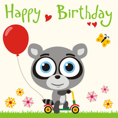 Happy birthday! Funny raccoon going on scooter with red balloon. Birthday card with little raccoon in cartoon style for child birthday.