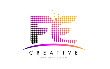 FE F E Letter Logo Design with Magenta Dots and Swoosh