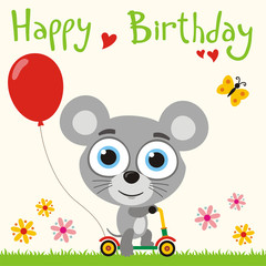 Happy birthday! Funny mouse going on scooter with red balloon. Birthday card with little mouse in cartoon style for child birthday.
