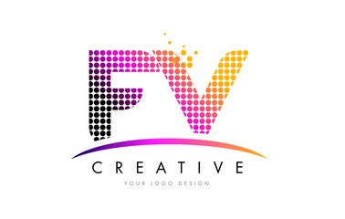 FV F V Letter Logo Design with Magenta Dots and Swoosh