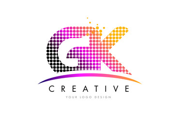 GK G K Letter Logo Design with Magenta Dots and Swoosh