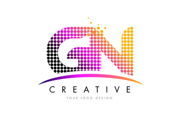 GN G N Letter Logo Design with Magenta Dots and Swoosh