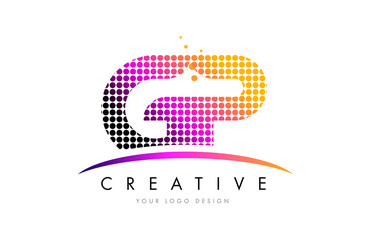 GP G P Letter Logo Design with Magenta Dots and Swoosh