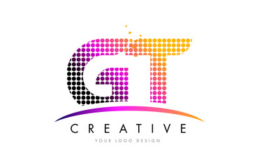 GT G T Letter Logo Design with Magenta Dots and Swoosh