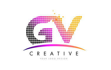 GV G V Letter Logo Design with Magenta Dots and Swoosh