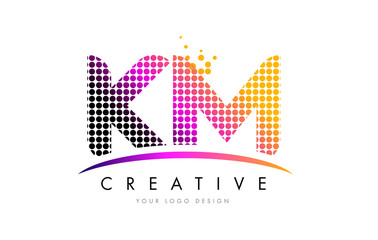 Fototapeta premium KM K M Letter Logo Design with Magenta Dots and Swoosh