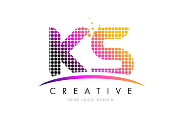 KS K S Letter Logo Design with Magenta Dots and Swoosh
