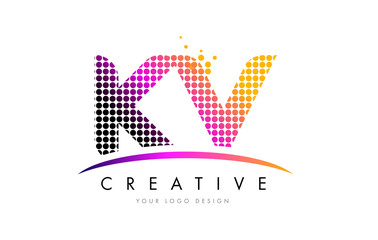 KV K V Letter Logo Design with Magenta Dots and Swoosh