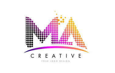 MA M A Letter Logo Design with Magenta Dots and Swoosh